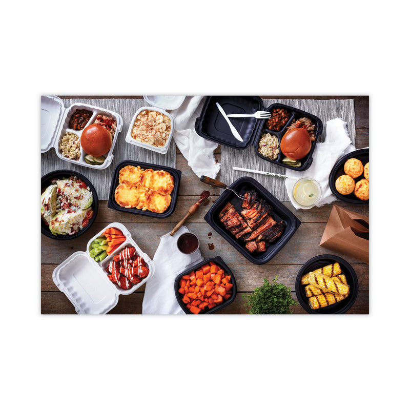 Pactiv Evergreen EarthChoice SmartLock Microwavable MFPP Hinged Lid Container, 3-Compartment, 8.3 x 8.3 x 3.4, Black, Plastic, 200/Carton