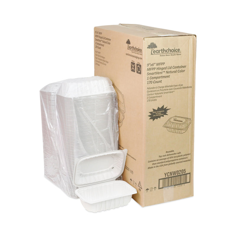 Pactiv Evergreen EarthChoice Vented Microwavable MFPP Hinged Lid Container, 9 x 6 x 3.1, White, Plastic, 170/Carton