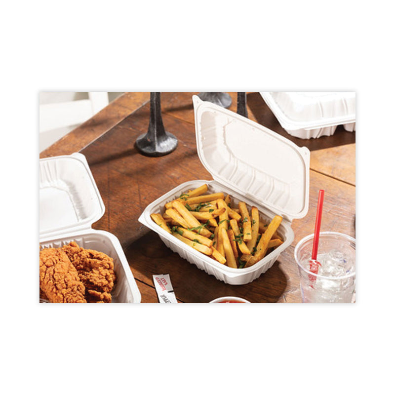 Pactiv Evergreen EarthChoice Vented Microwavable MFPP Hinged Lid Container, 9 x 6 x 3.1, White, Plastic, 170/Carton