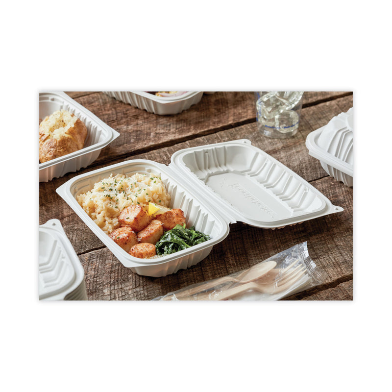 Pactiv Evergreen EarthChoice Vented Microwavable MFPP Hinged Lid Container, 9 x 6 x 2.75, White, Plastic, 170/Carton