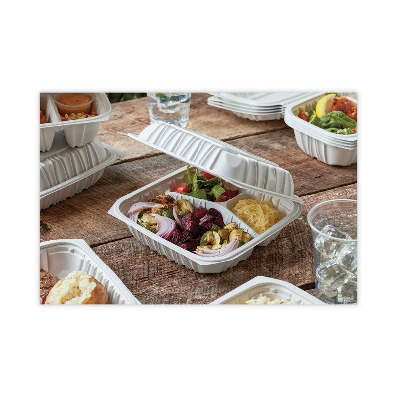 Pactiv Evergreen EarthChoice Vented Microwavable MFPP Hinged Lid Container, 3-Compartment, 8.5 x 8.5 x 3.1, White, Plastic, 146/Carton