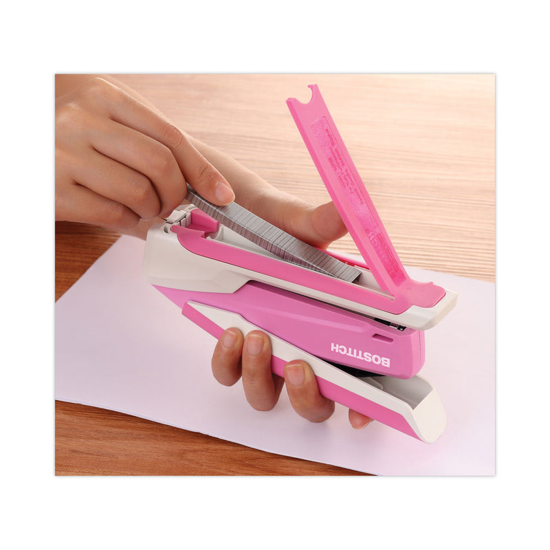 Bostitch InCourage Spring-Powered Desktop Stapler, 20-Sheet Capacity, Pink/White