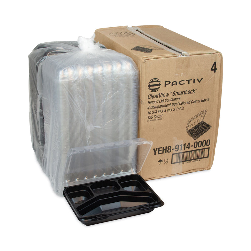 Pactiv Evergreen Dual Color SmartLock Hinged Lid Container, 4-Compartment, 10.75 x 8 x 3.25, Black Base/Clear Top, Plastic, 125/Carton