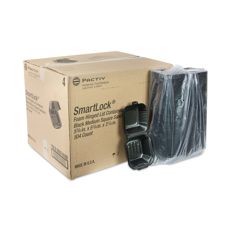 Pactiv Evergreen SmartLock Foam Hinged Lid Container, Sandwich, 5.75 x 5.75 x 3.25, Black, 504/Carton