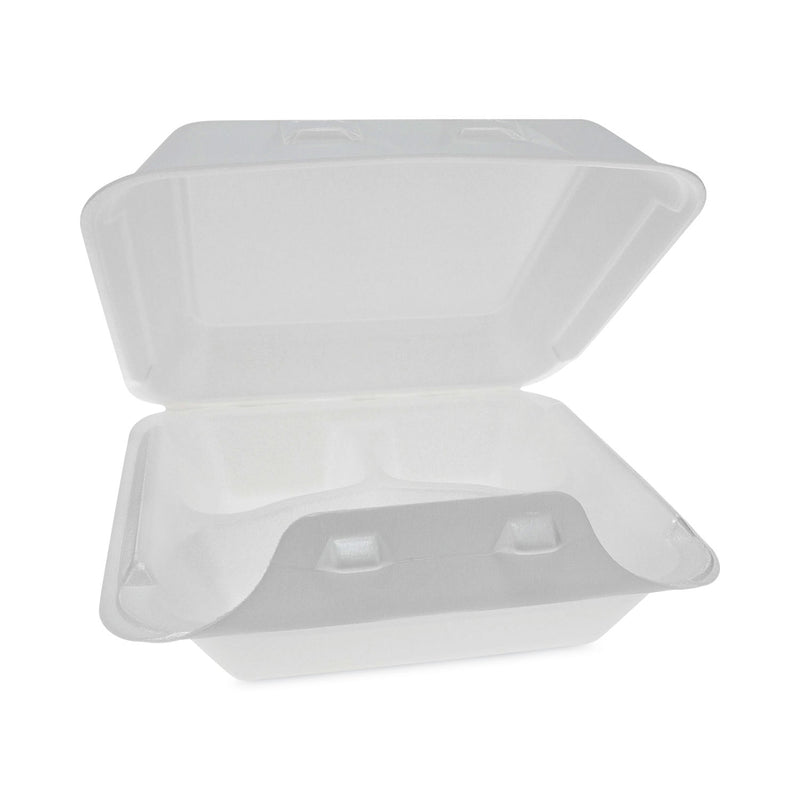 Pactiv Evergreen SmartLock Foam Hinged Lid Container, Medium, 3-Compartment, 8 x 8.5 x 3, White, 150/Carton