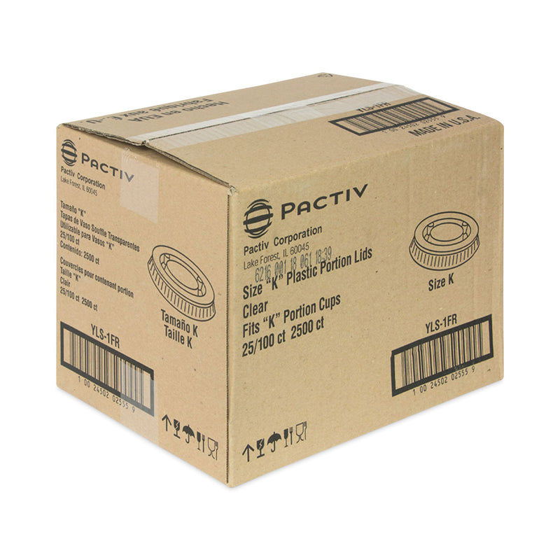 Pactiv Evergreen Plastic Portion Cup Lid, Fits 0.5 oz to 1 oz Cups, Clear, 100/Sleeve, 25 Sleeves/Carton