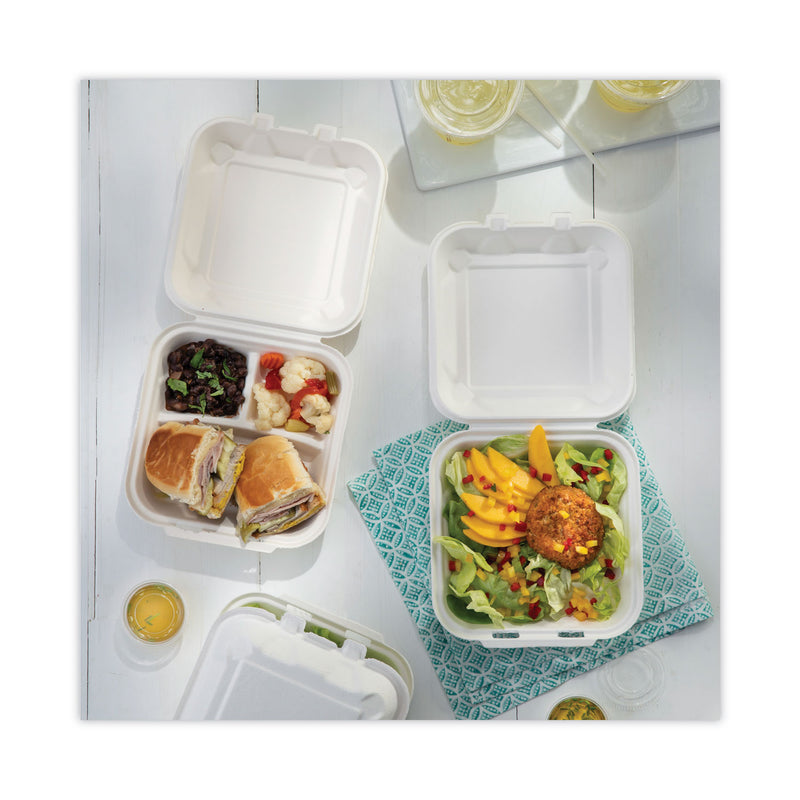 Pactiv Evergreen EarthChoice Bagasse Hinged Lid Container, Single Tab Lock, 6" Sandwich, 5.8 x 5.8 x 3.3, Natural, Sugarcane, 500/Carton