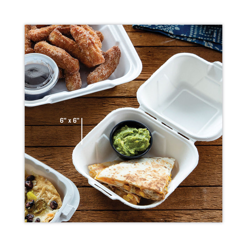 Pactiv Evergreen EarthChoice Bagasse Hinged Lid Container, Single Tab Lock, 6" Sandwich, 5.8 x 5.8 x 3.3, Natural, Sugarcane, 500/Carton