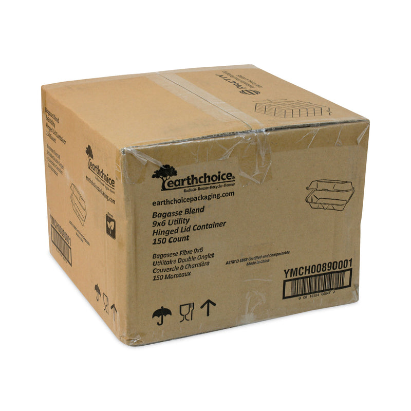 Pactiv Evergreen EarthChoice Bagasse Hinged Lid Container, Dual Tab Lock, 9.1 x 6.1 x 3.3, Natural, Sugarcane, 150/Carton