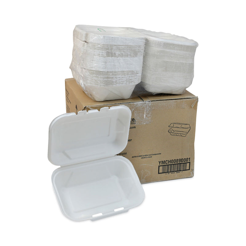 Pactiv Evergreen EarthChoice Bagasse Hinged Lid Container, Dual Tab Lock, 9.1 x 6.1 x 3.3, Natural, Sugarcane, 150/Carton