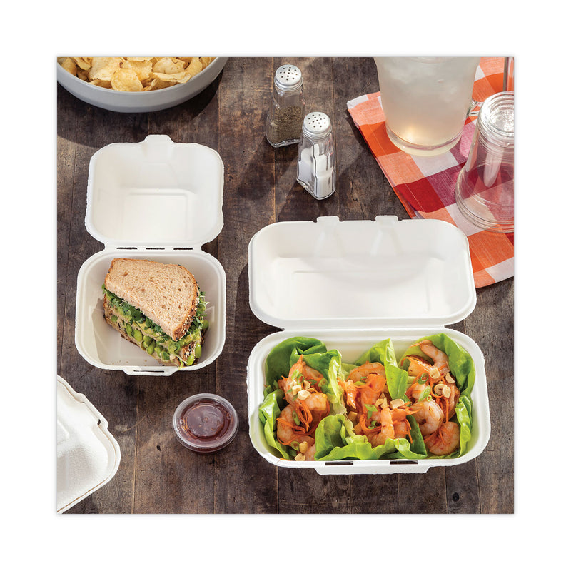 Pactiv Evergreen EarthChoice Bagasse Hinged Lid Container, Dual Tab Lock, 9.1 x 6.1 x 3.3, Natural, Sugarcane, 150/Carton