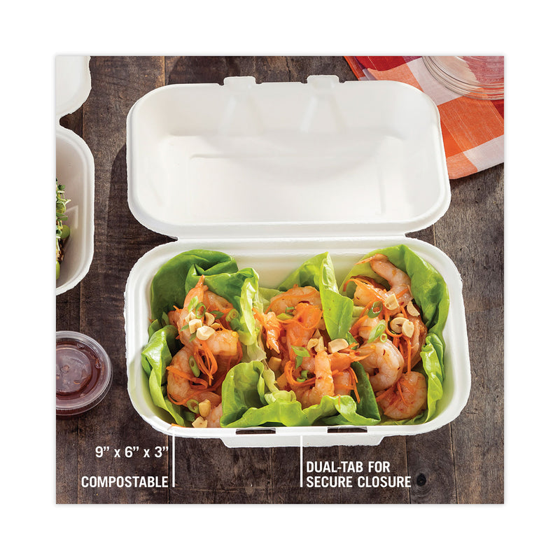 Pactiv Evergreen EarthChoice Bagasse Hinged Lid Container, Dual Tab Lock, 9.1 x 6.1 x 3.3, Natural, Sugarcane, 150/Carton