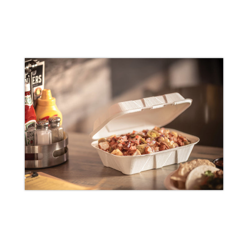 Pactiv Evergreen EarthChoice Bagasse Hinged Lid Container, Dual Tab Lock, 9.1 x 6.1 x 3.3, Natural, Sugarcane, 150/Carton