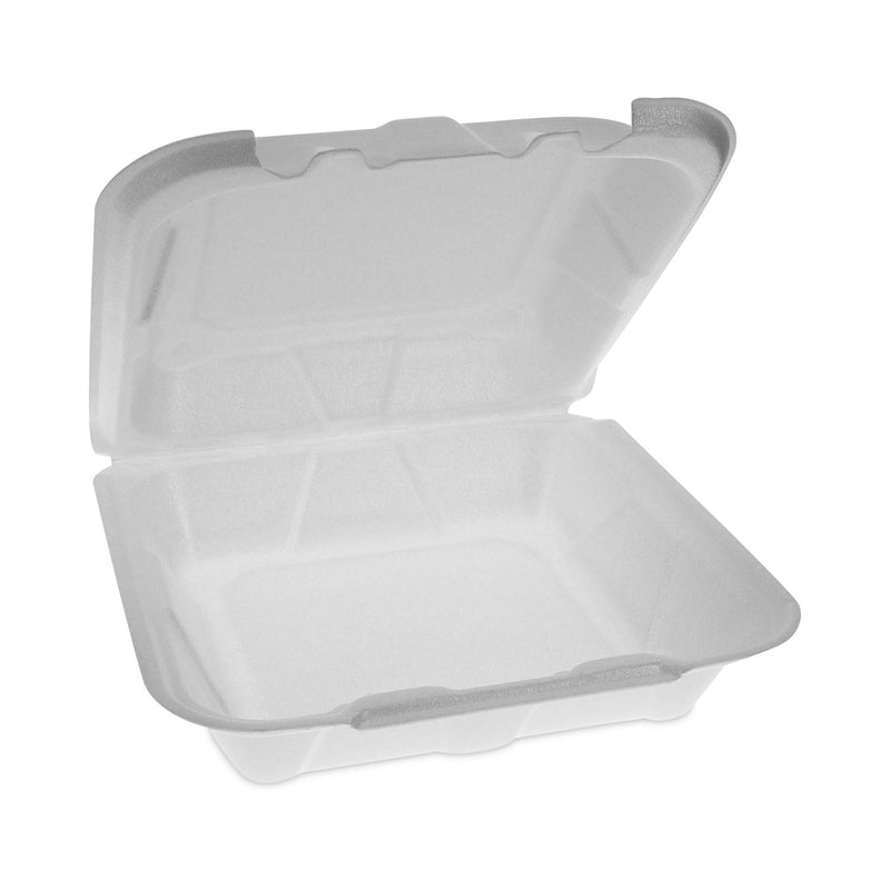 Pactiv Evergreen Vented Foam Hinged Lid Container, Dual Tab Lock Economy, 8.42 x 8.15 x 3, White, 150/Carton