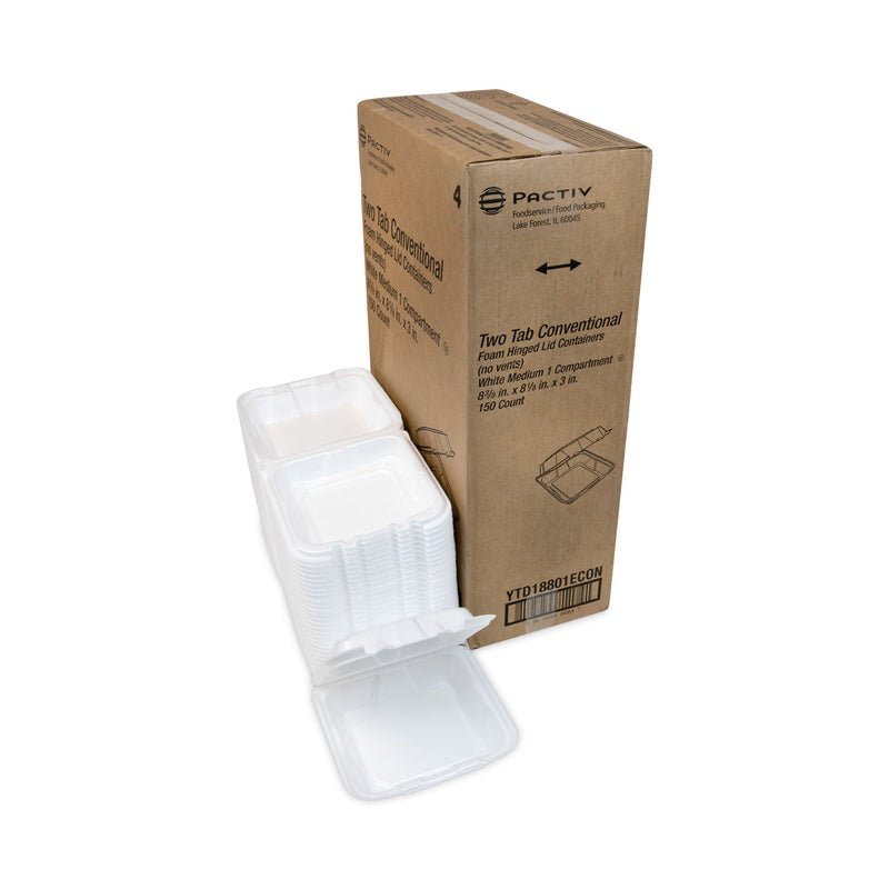 Pactiv Evergreen Vented Foam Hinged Lid Container, Dual Tab Lock Economy, 8.42 x 8.15 x 3, White, 150/Carton