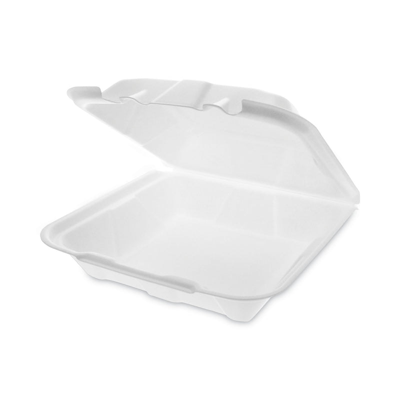 Pactiv Evergreen Vented Foam Hinged Lid Container, Dual Tab Lock Economy, 9.13 x 9 x 3.25, White, 150/Carton