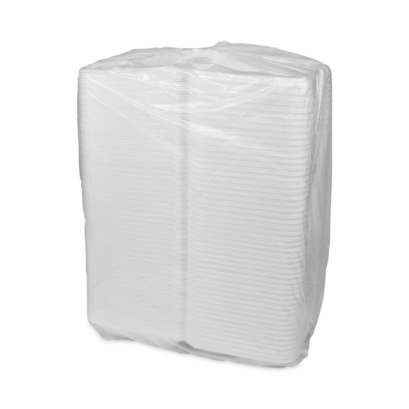 Pactiv Evergreen Vented Foam Hinged Lid Container, Dual Tab Lock Economy, 9.13 x 9 x 3.25, White, 150/Carton
