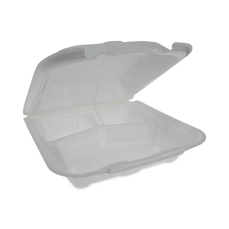 Pactiv Evergreen Vented Foam Hinged Lid Container, Dual Tab Lock Economy, 3-Compartment, 9.13 x 9 x 3.25, White, 150/Carton