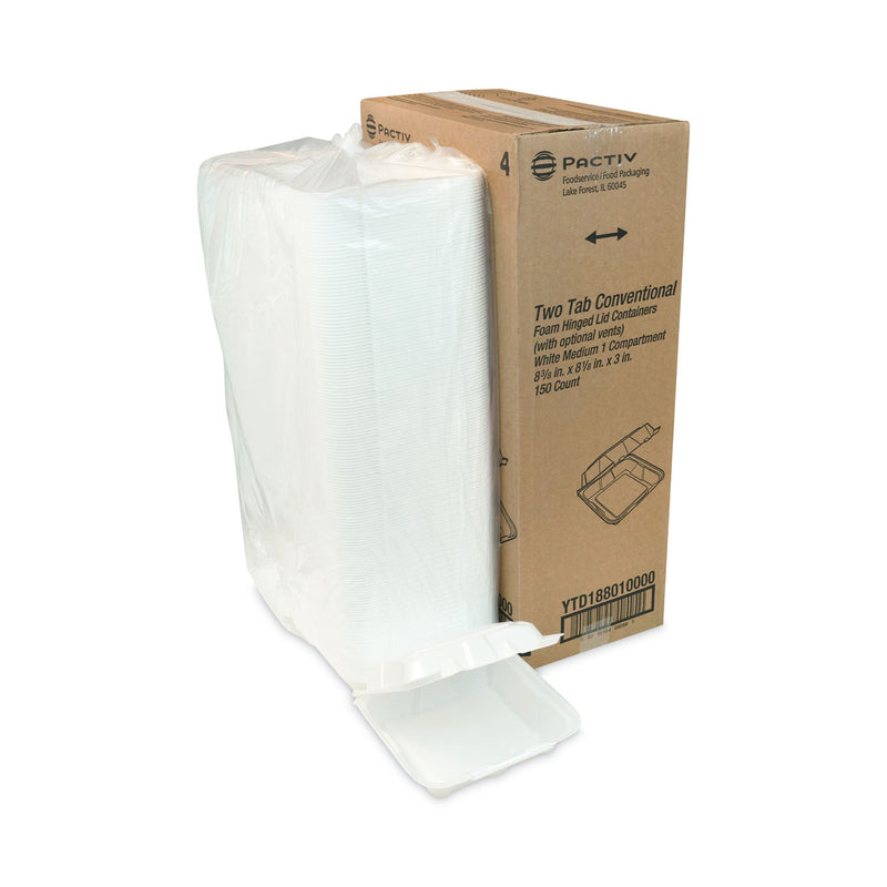 Pactiv Evergreen Vented Foam Hinged Lid Container, Dual Tab Lock, 8.42 x 8.15 x 3, White, 150/Carton