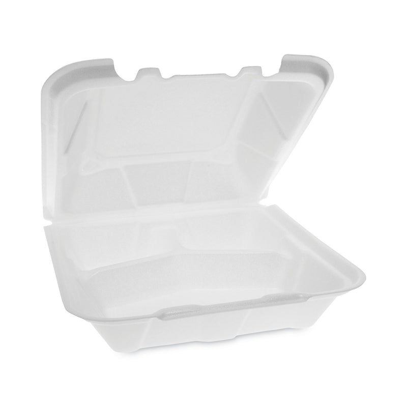 Pactiv Evergreen Vented Foam Hinged Lid Container, Dual Tab Lock, 3-Compartment, 9.13 x 9 x 3.25, White, 150/Carton