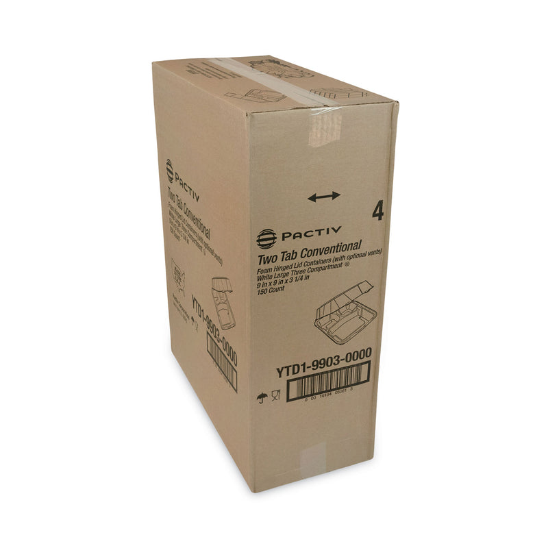 Pactiv Evergreen Vented Foam Hinged Lid Container, Dual Tab Lock, 3-Compartment, 9.13 x 9 x 3.25, White, 150/Carton