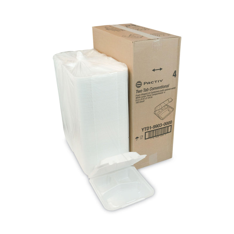 Pactiv Evergreen Vented Foam Hinged Lid Container, Dual Tab Lock, 3-Compartment, 9.13 x 9 x 3.25, White, 150/Carton