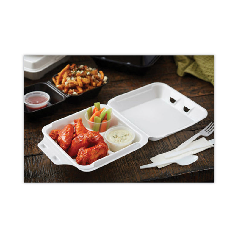 Pactiv Evergreen Vented Foam Hinged Lid Container, Dual Tab Lock, 3-Compartment, 9.13 x 9 x 3.25, White, 150/Carton