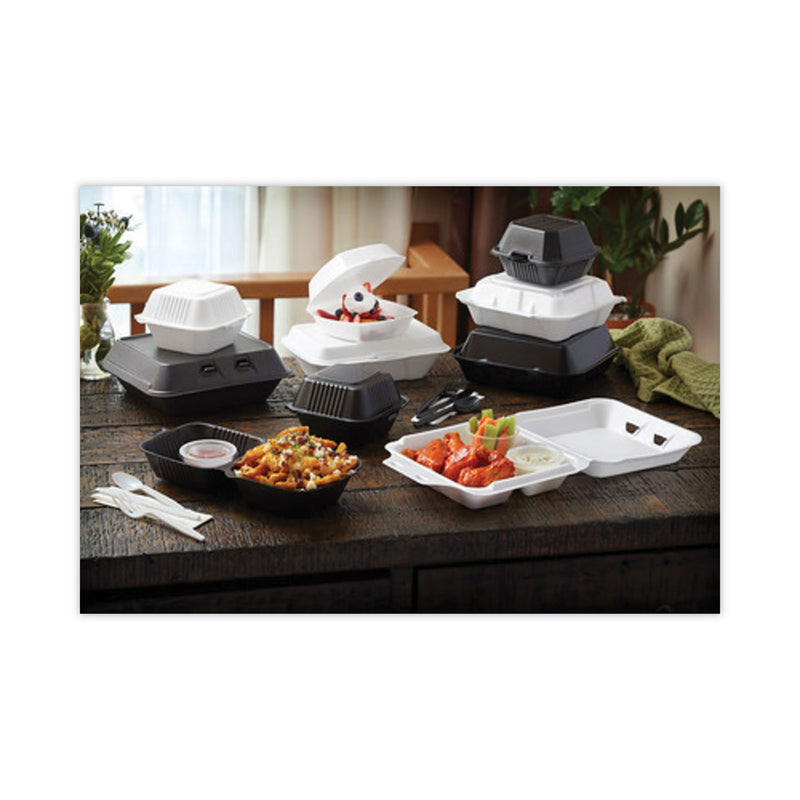 Pactiv Evergreen Vented Foam Hinged Lid Container, Dual Tab Lock, 3-Compartment, 9.13 x 9 x 3.25, White, 150/Carton