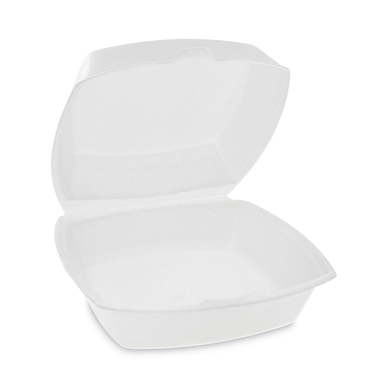 Pactiv Evergreen Foam Hinged Lid Container, Single Tab Lock, 6.38 x 6.38 x 3, White, 500/Carton