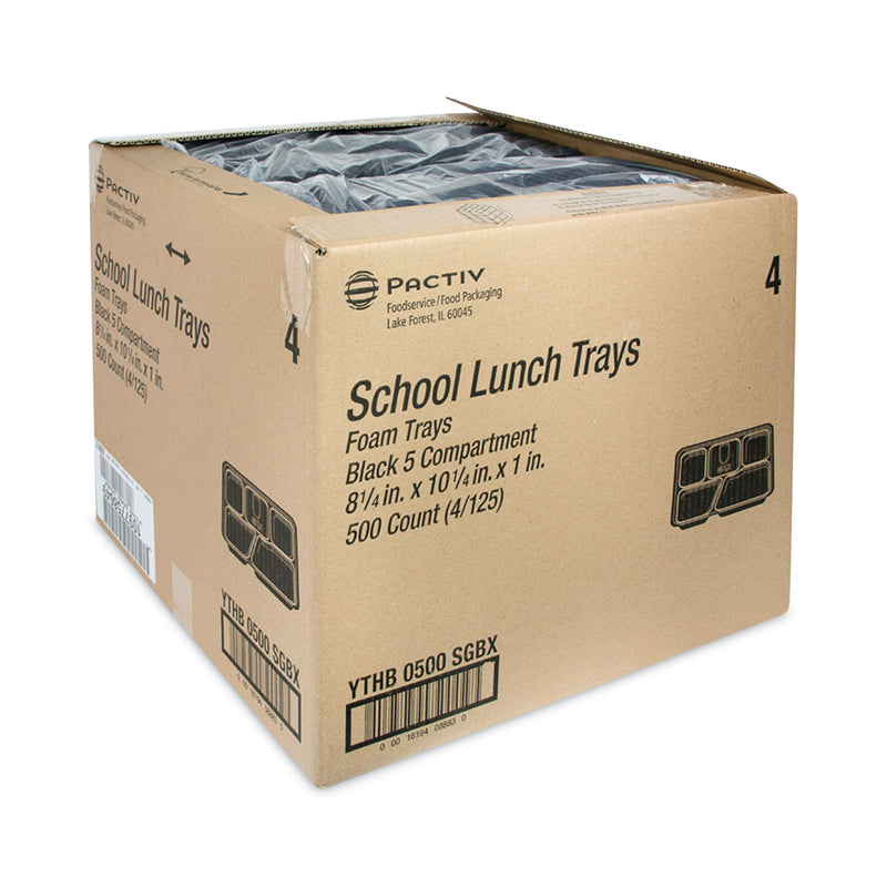 Pactiv Evergreen Foam School Trays, 5-Compartment, 8.25 x 10.25 x 1, Black, 500/Carton
