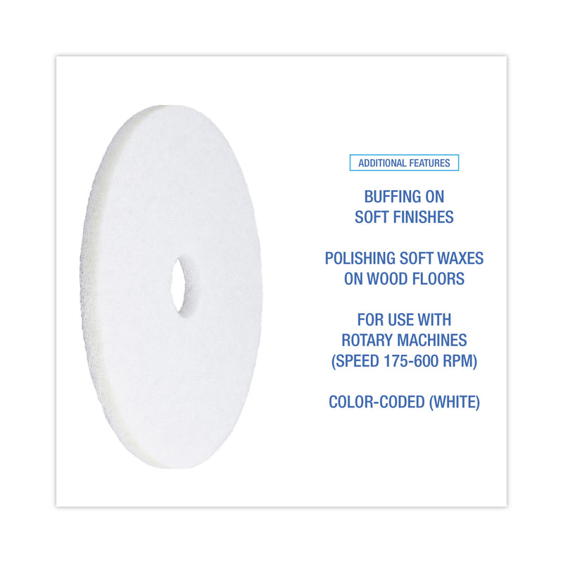 Boardwalk Polishing Floor Pads, 18" Diameter, White, 5/Carton