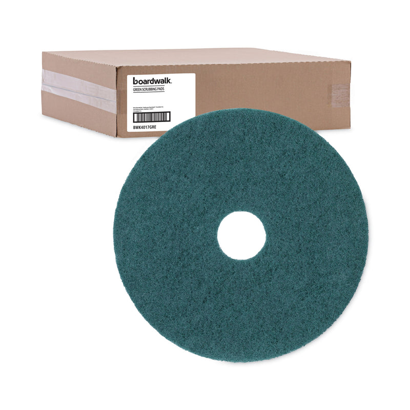Boardwalk Heavy-Duty Scrubbing Floor Pads, 17" Diameter, Green, 5/Carton