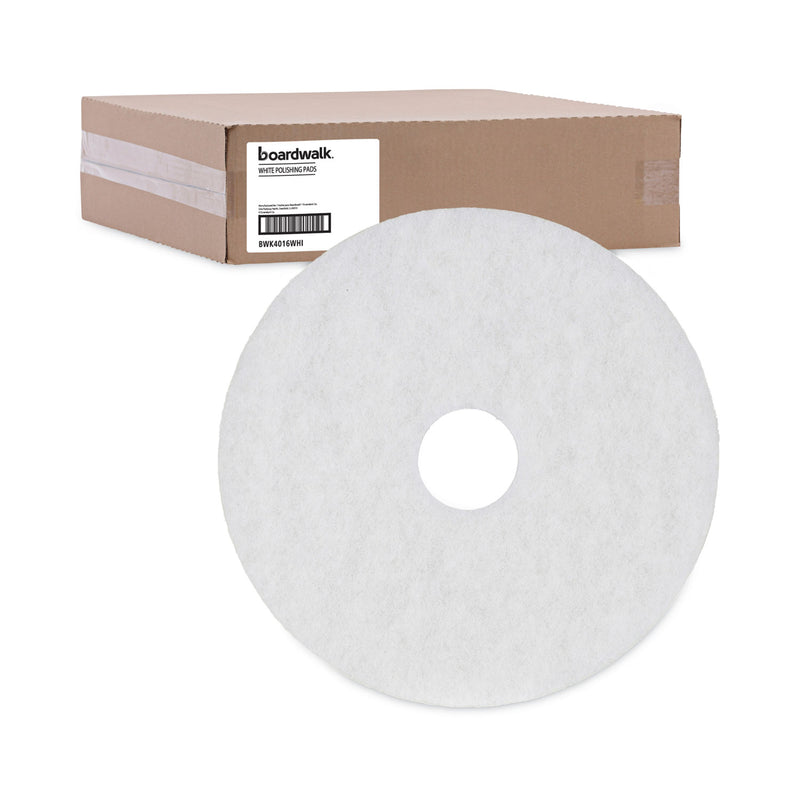 Boardwalk Polishing Floor Pads, 16" Diameter, White, 5/Carton