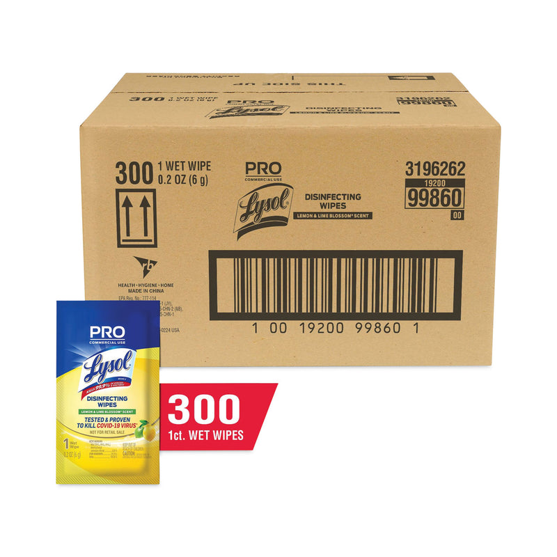 LYSOL Professional Disinfecting Wipe Single Count Packet, 6 x 7, Lemon and Lime Blossom, 300 Packets/Carton