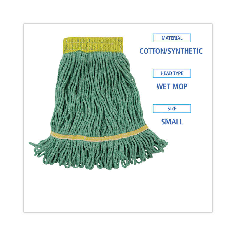 Boardwalk Super Loop Wet Mop Head, Cotton/Synthetic Fiber, 5" Headband, Small Size, Green, 12/Carton