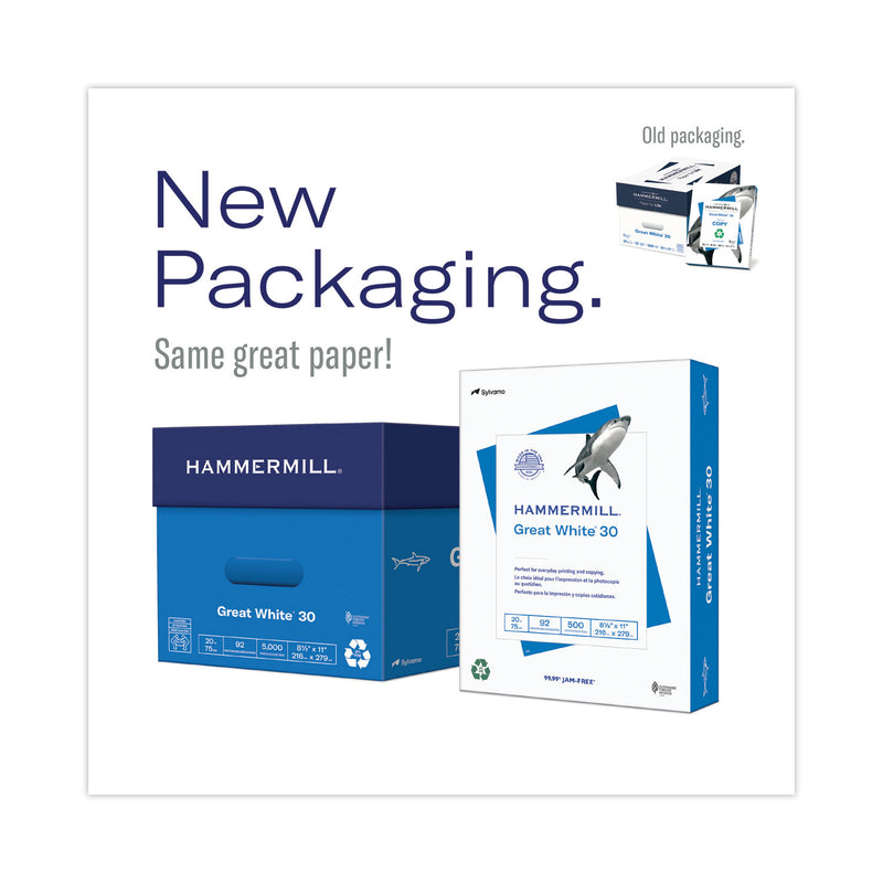 Hammermill Great White 30 Recycled Print Paper, 92 Bright, 20 lb Bond Weight, 8.5 x 14, White, 500/Ream