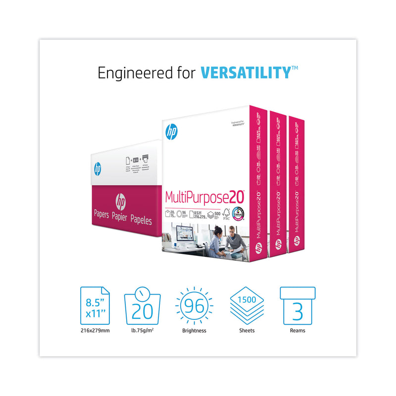 HP Papers MultiPurpose20 Paper, 96 Bright, 20 lb Bond Weight, 8.5 x 11, White, 500 Sheets/Ream, 3 Reams/Carton