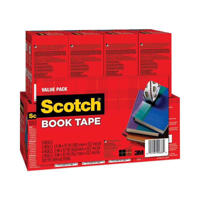 Scotch Book Tape Value Pack, 3" Core, (2) 1.5" x 15 yds, (4) 2" x 15 yds, (2) 3" x 15 yds, Clear, 8/Pack