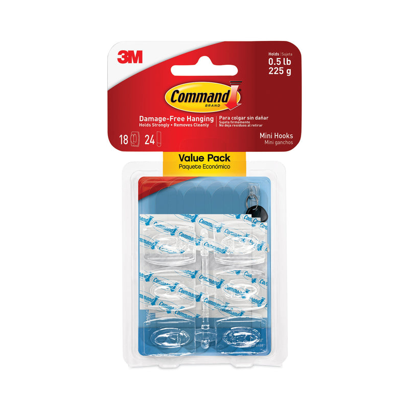 Command Clear Hooks and Strips, Plastic, Mini, 18 Hooks and 24 Strips/Pack