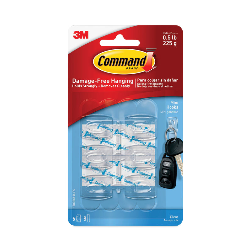 Command Clear Hooks and Strips, Plastic, Mini, 6 Hooks and 8 Strips/Pack