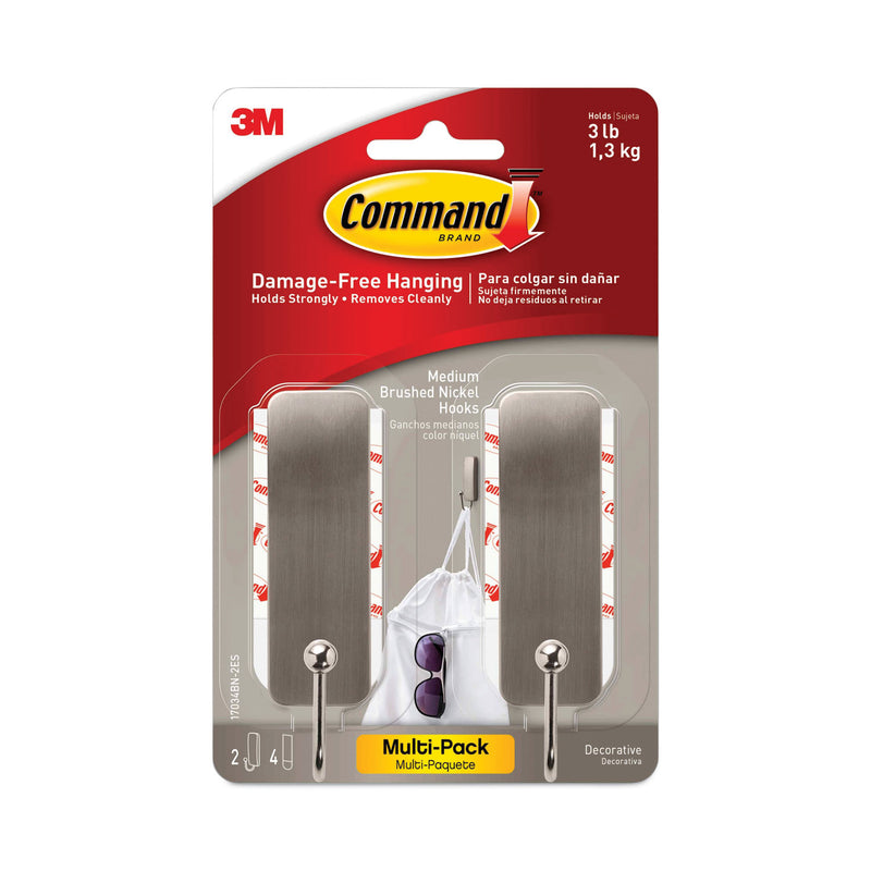 Command Decorative Hooks, Medium, Brushed Nickel, 2 Hook and 4 Strips/Pack