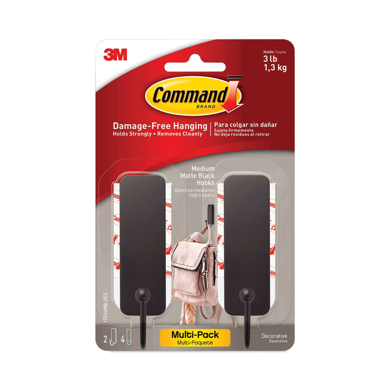 Command Decorative Hooks, Medium, Matte Black, 2 Hook and 4 Strips/Pack