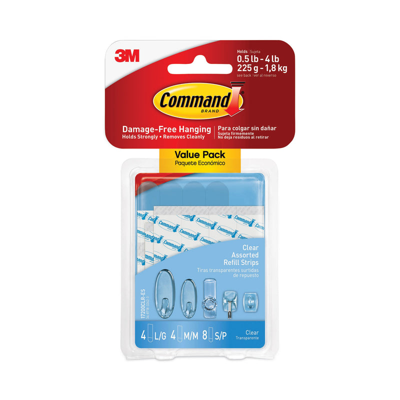 Command Assorted Refill Strips, Removable, (8) Small 0.75 x 1.75, (4) Medium 0.75 x 2.75, (4) Large 0.75 x 3.75, Clear, 16/Pack