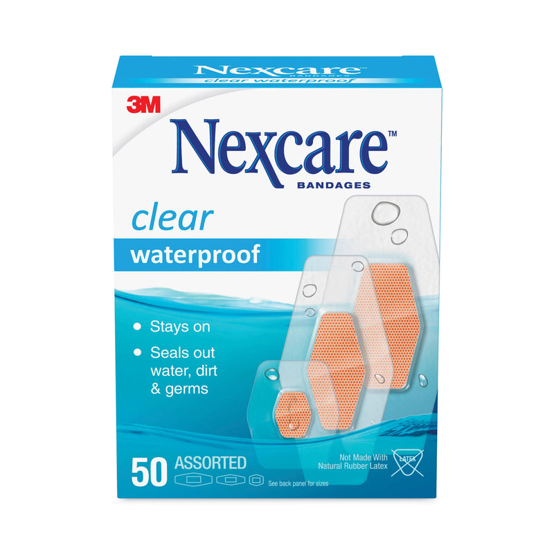 3M Nexcare Waterproof, Clear Bandages, Assorted Sizes, 50/Box