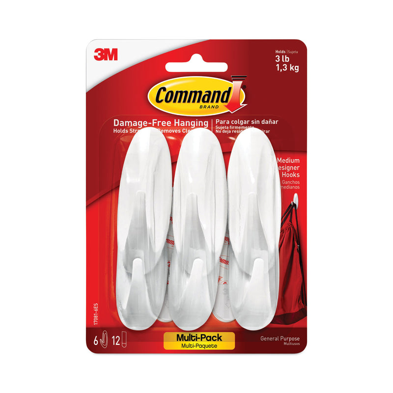 Command Designer Hooks, Plastic, White, 3 lb Cap, 6 Hooks and 12 Strips/Pack