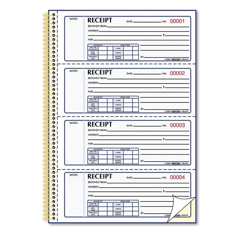 Rediform Money Receipt Book, Two-Part Carbonless, 7 x 2.75, 4/Page, 300 Forms
