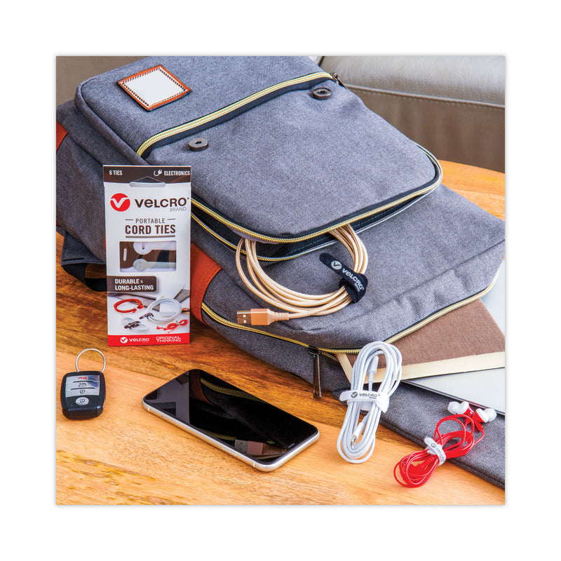 VELCRO Portable Cord Ties, (2) 3" x 0.25"/ (2) 5" x 0.38"/ (2) 7" x 0.5", Black/Gray/White, 6/Pack