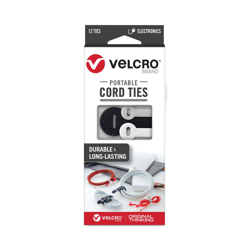 VELCRO Portable Cord Ties, (4) 3" x 0.25"/ (4) 5" x 0.38"/ (4) 7" x 0.5", Black/Gray/White, 12/Pack