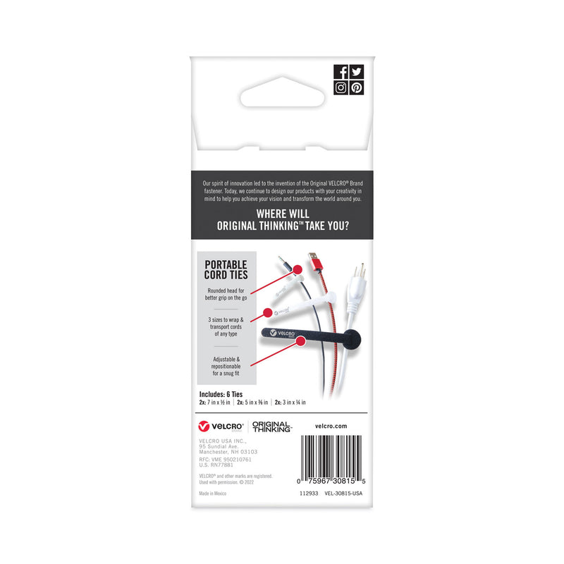 VELCRO Portable Cord Ties, (2) 3" x 0.25"/ (2) 5" x 0.38"/ (2) 7" x 0.5", Black/Gray/White, 6/Pack