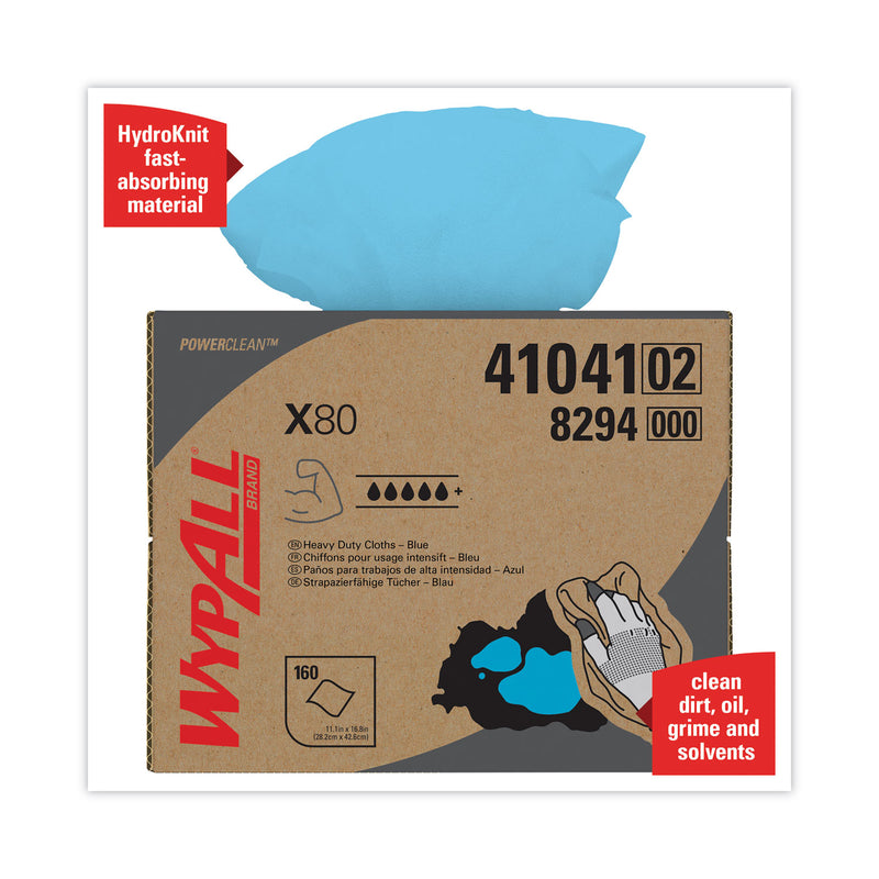 WypAll Power Clean X80 Heavy Duty Cloths, 11.1 x 16.8, Blue, 160 Wipers/Carton